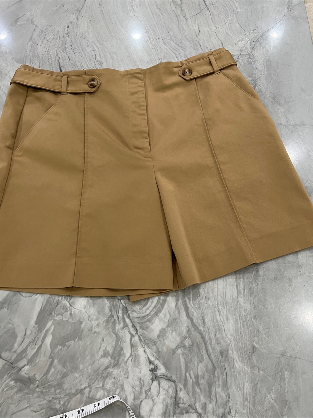 Chico's Tailored Button-Tab High-Waist Shorts in Camel Brown